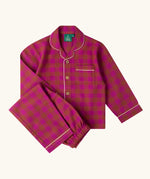 Little Green Radicals Kids berry pink check organic cotton classic pyjamas. Button up long sleeve top and matching trousers. 