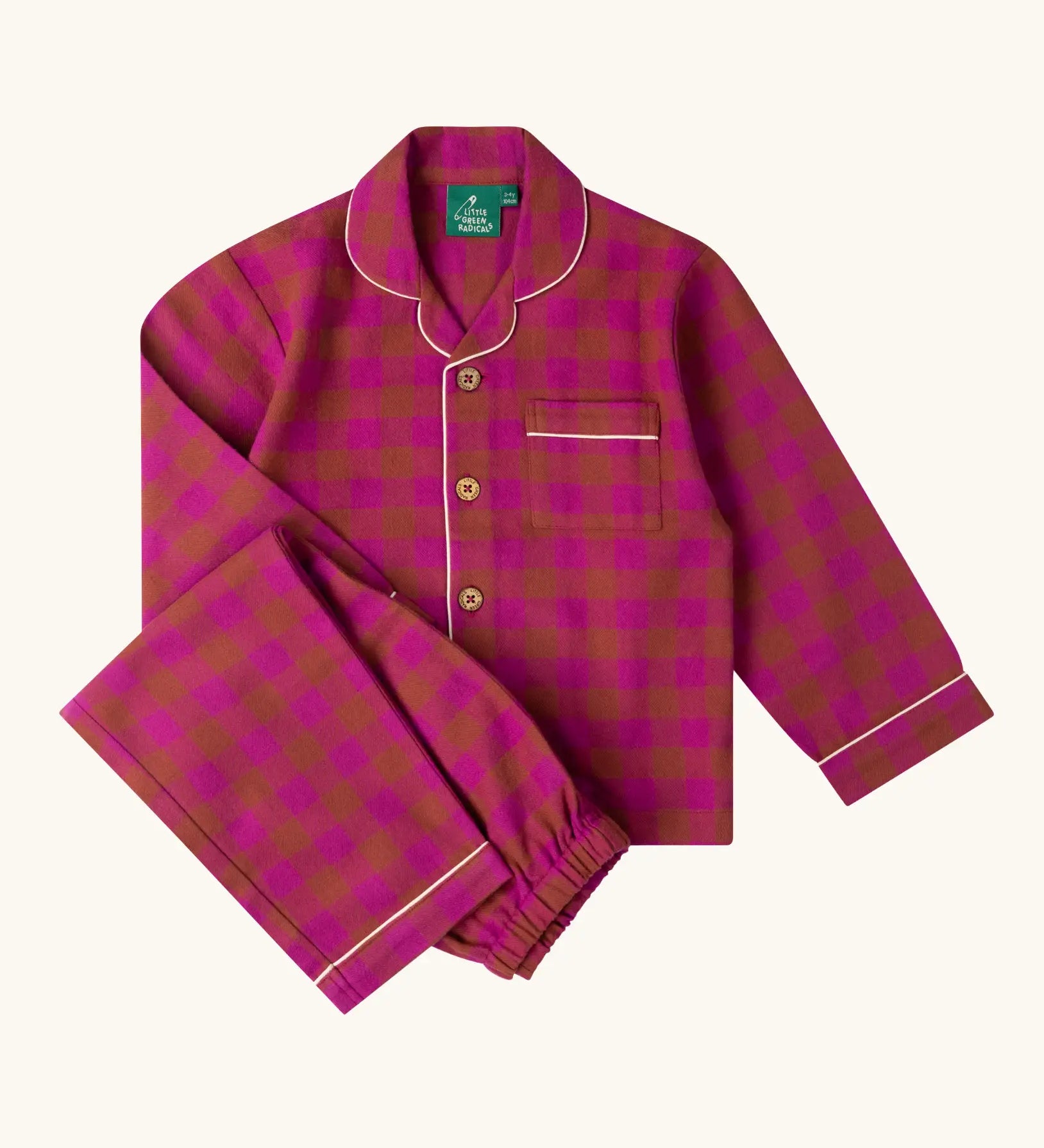 Little Green Radicals Kids berry pink check organic cotton classic pyjamas. Button up long sleeve top and matching trousers. 