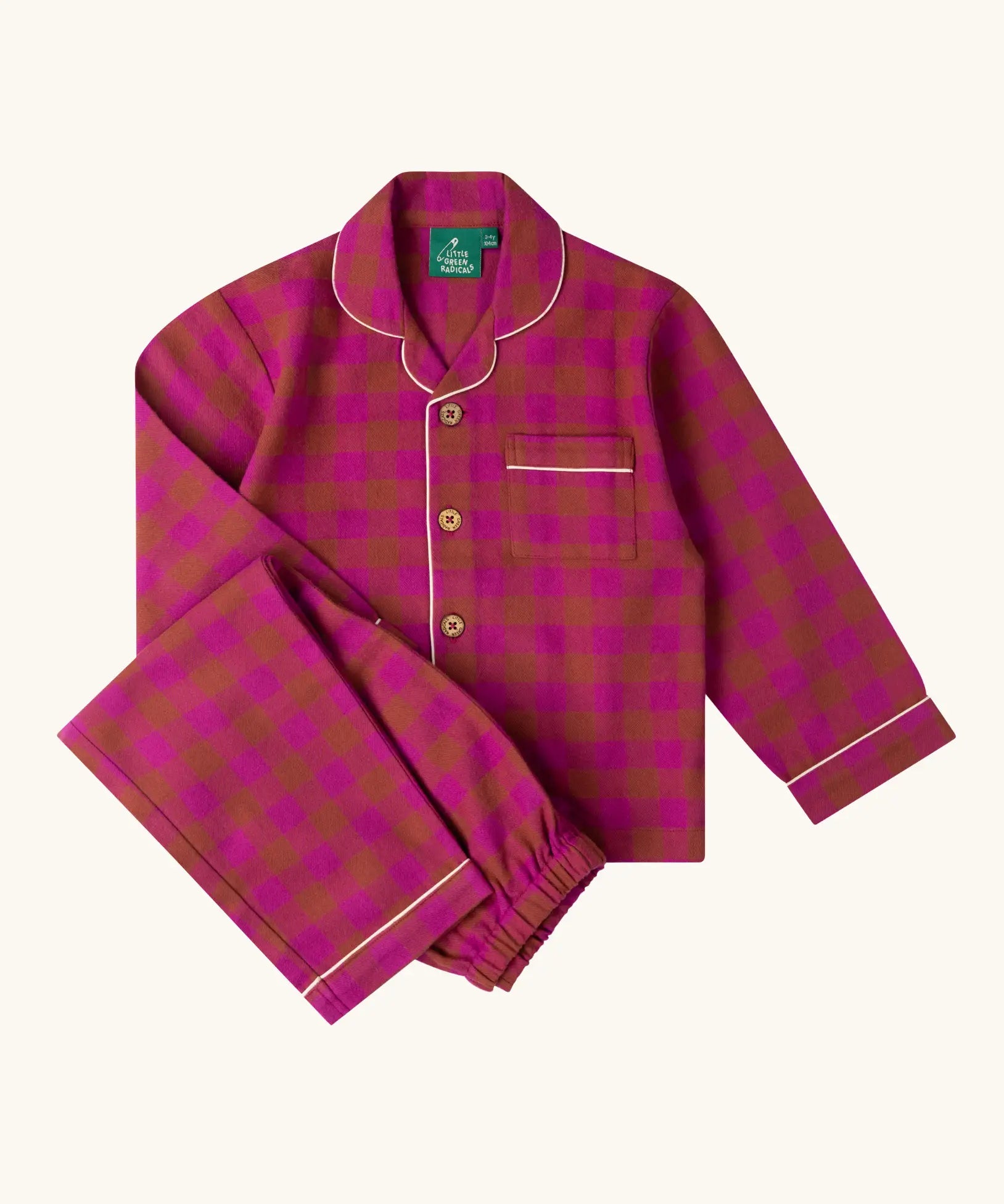Little Green Radicals Kids berry pink check organic cotton classic pyjamas. Button up long sleeve top and matching trousers. 