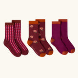 Little Green Radicals berry petals organic cotton socks 3 pack. One gingham. one floral one colour block pair. 