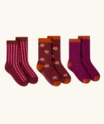 Little Green Radicals berry petals organic cotton socks 3 pack. One gingham. one floral one colour block pair. 