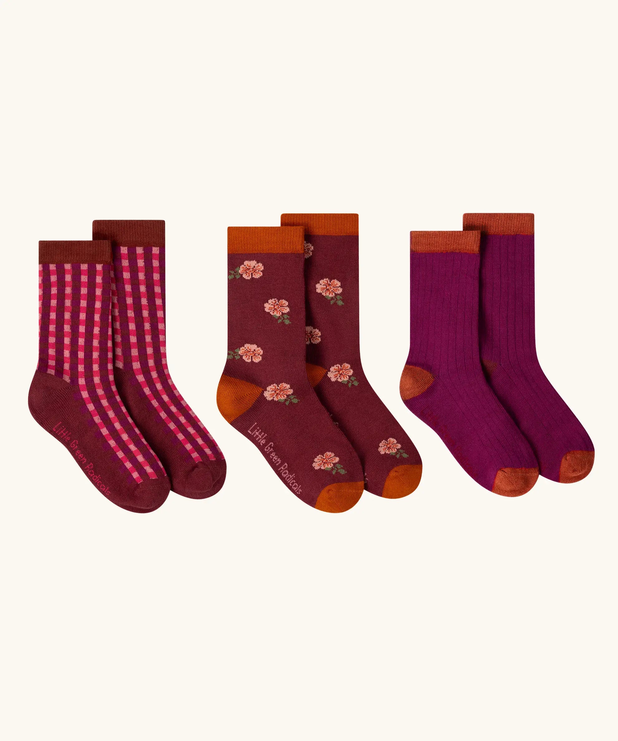 Little Green Radicals berry petals organic cotton socks 3 pack. One gingham. one floral one colour block pair. 