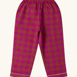 Trousers from the Little Green Radicals Kids berry pink check organic cotton classic pyjamas. Button up long sleeve top and matching trousers. 