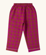 Trousers from the Little Green Radicals Kids berry pink check organic cotton classic pyjamas. Button up long sleeve top and matching trousers. 