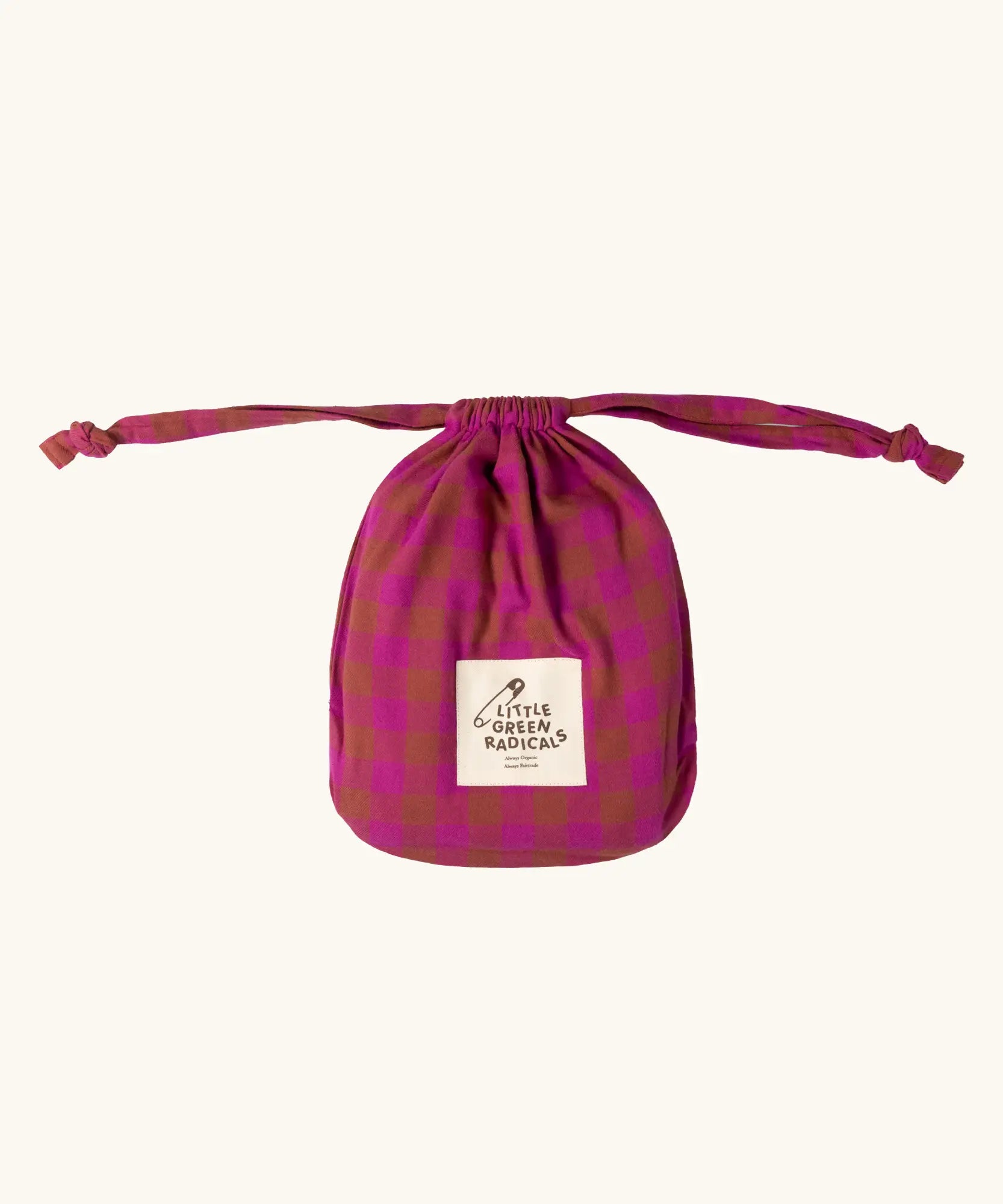 Bag that the Little Green Radicals Kids berry pink check organic cotton classic pyjamas come in. Button up long sleeve top and matching trousers. 