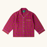 Long sleeve button up top from the Little Green Radicals Kids berry pink check organic cotton classic pyjamas. Button up long sleeve top and matching trousers. 