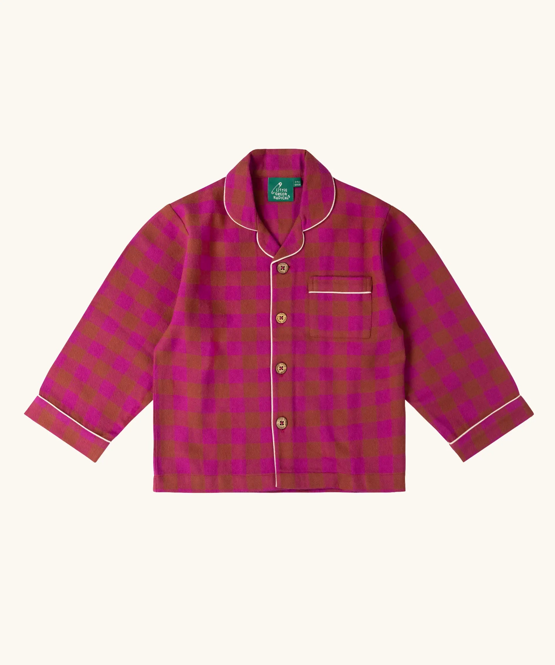 Long sleeve button up top from the Little Green Radicals Kids berry pink check organic cotton classic pyjamas. Button up long sleeve top and matching trousers. 