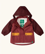 Little Green Radicals berry purple recycled waterproof fleece lined winter coat with the zip half open.