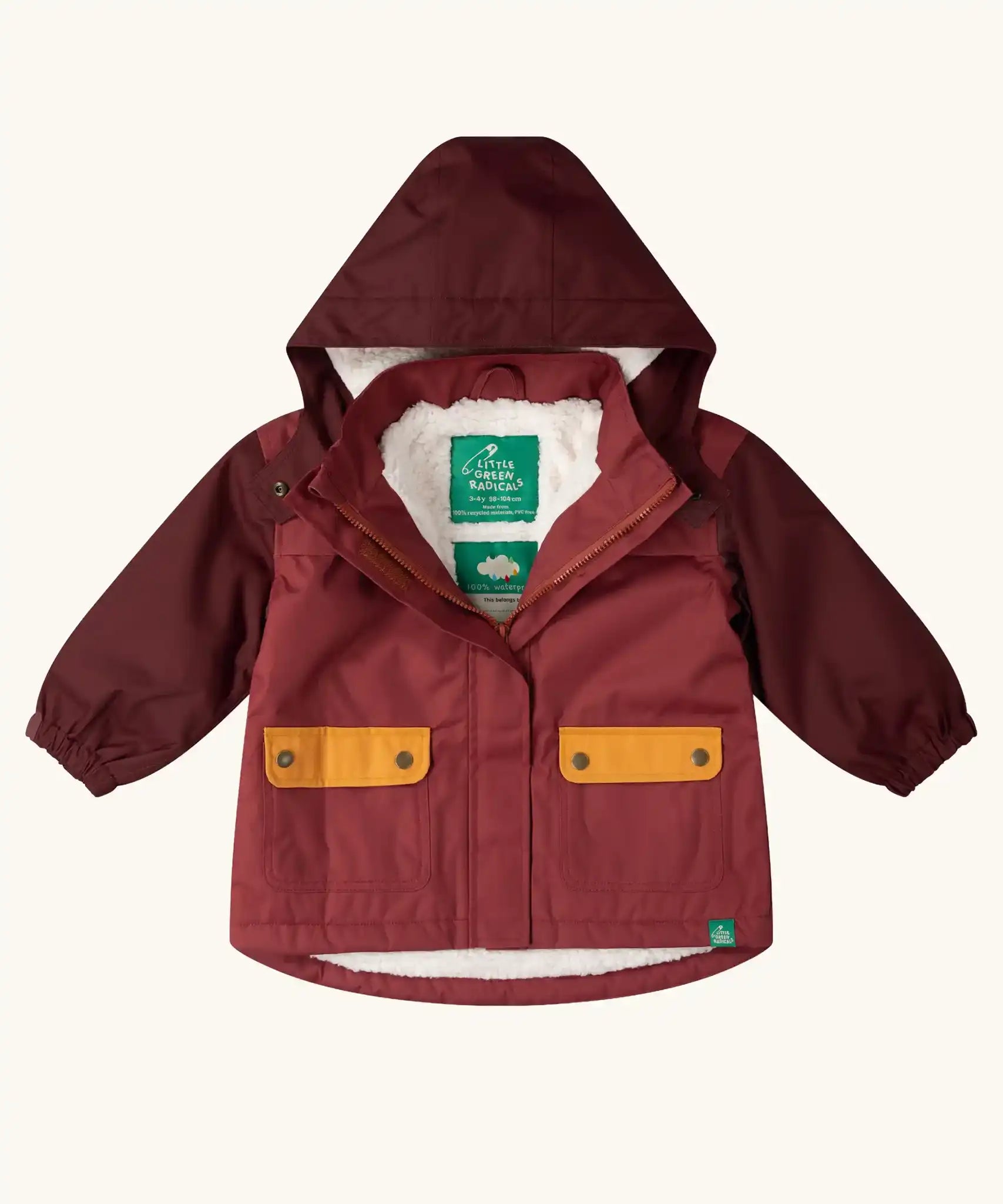 Little Green Radicals berry purple recycled waterproof fleece lined winter coat with the zip half open.