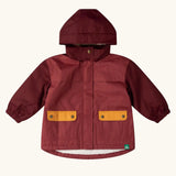 Little Green Radicals berry purple recycled waterproof fleece lined winter coat with two front pockets with yellow gold flaps.
