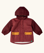 Little Green Radicals berry purple recycled waterproof fleece lined winter coat with two front pockets with yellow gold flaps.