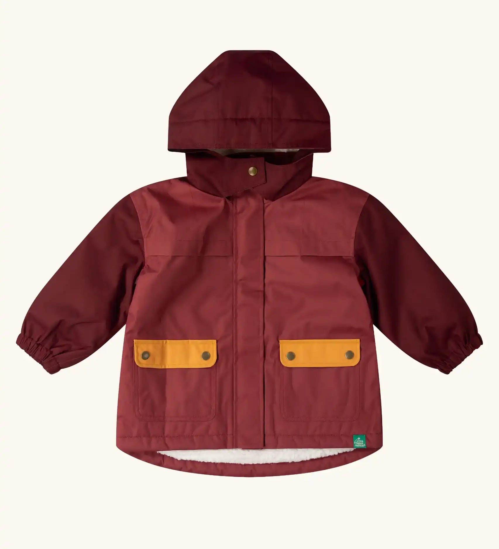 Little Green Radicals berry purple recycled waterproof fleece lined winter coat with two front pockets with yellow gold flaps.
