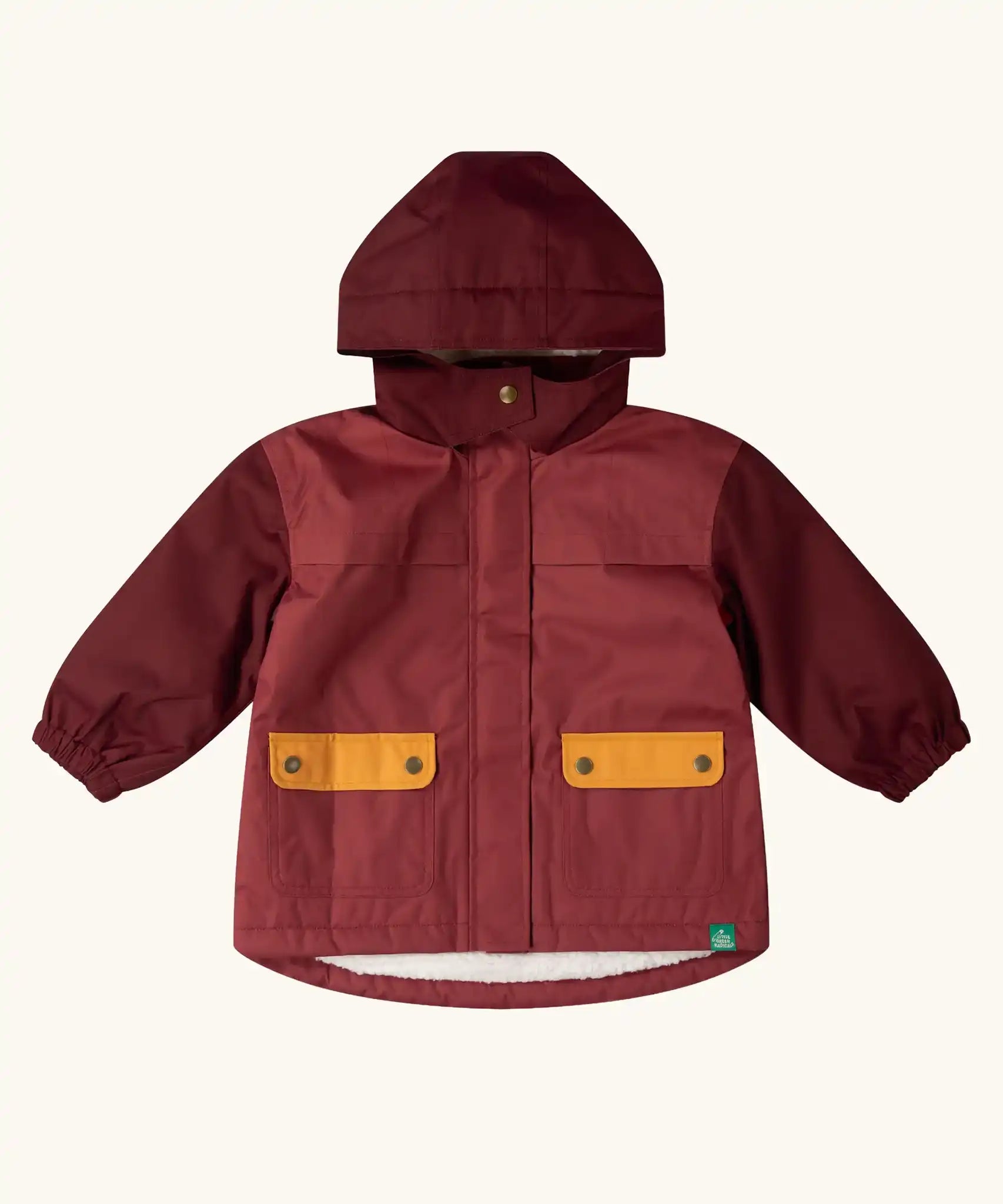 Little Green Radicals berry purple recycled waterproof fleece lined winter coat with two front pockets with yellow gold flaps.