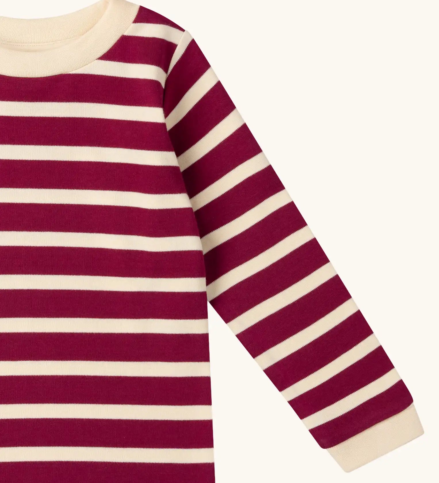 Close up of the Little Green Radicals berry purple striped long sleeve organic cotton kids top.