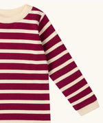 Close up of the Little Green Radicals berry purple striped long sleeve organic cotton kids top.