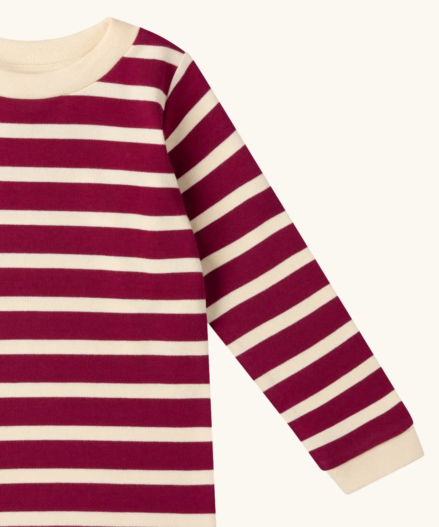 Close up of the Little Green Radicals berry purple striped long sleeve organic cotton kids top.