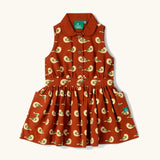 Little Green Radicals child's red repeated spring birds print collared pinafore button dress. 