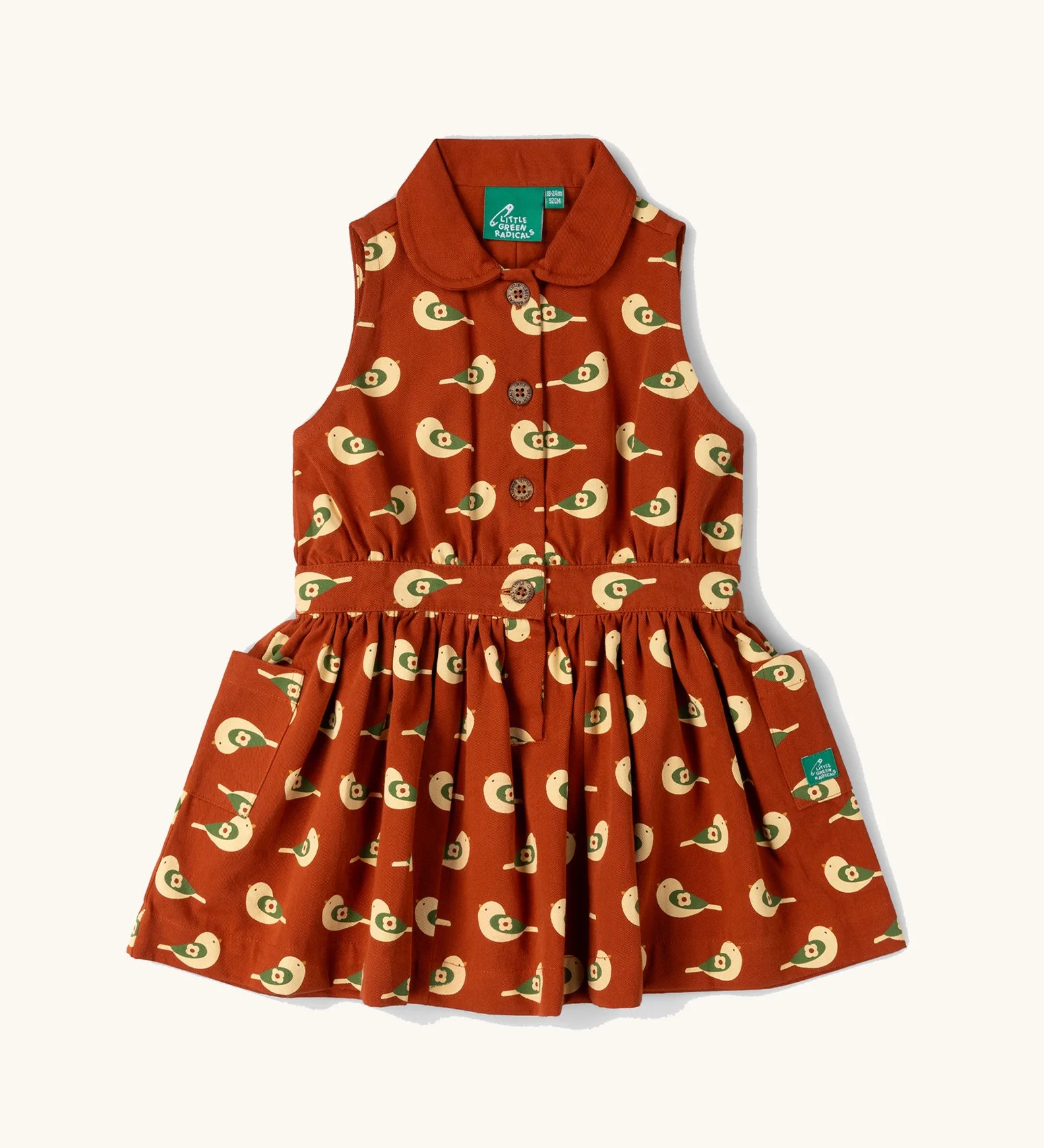 Little Green Radicals child's red repeated spring birds print collared pinafore button dress. 