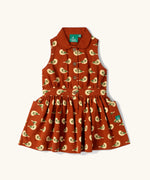 Little Green Radicals child's red repeated spring birds print collared pinafore button dress. 