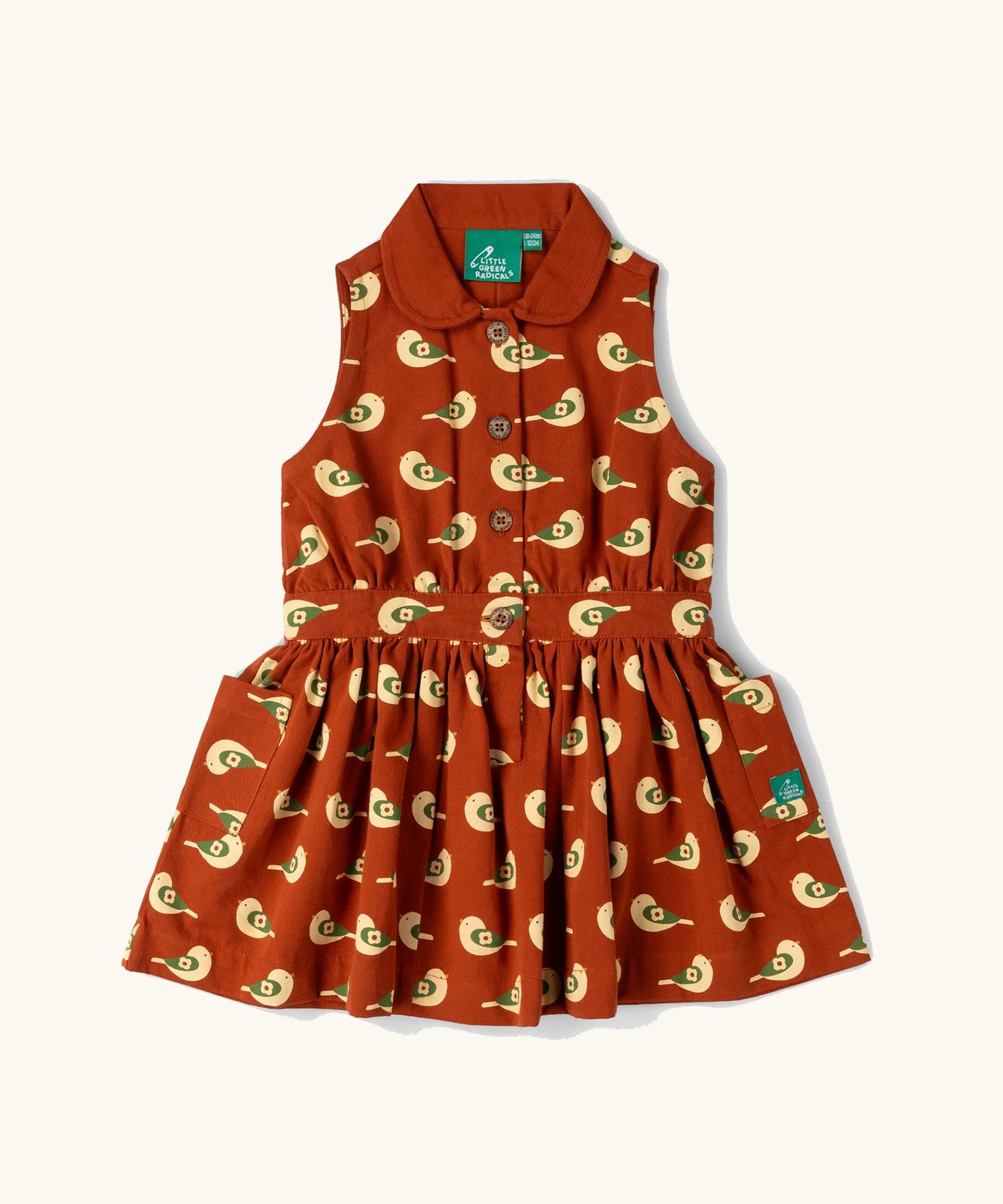 Little Green Radicals child's red repeated spring birds print collared pinafore button dress. 
