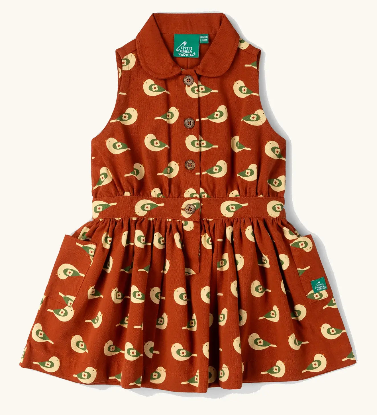 Little Green Radicals child's red repeated spring birds print collared pinafore button dress. 