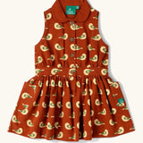 Little Green Radicals child's red repeated spring birds print collared pinafore button dress. 