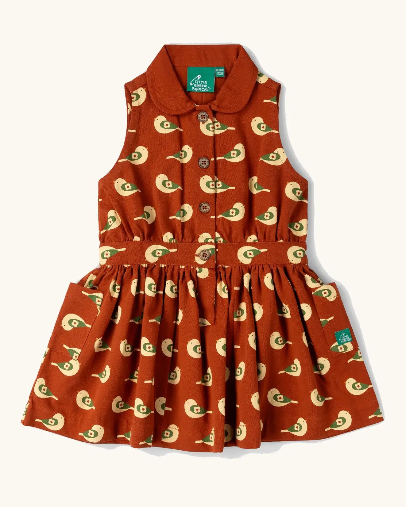 Little Green Radicals child's red repeated spring birds print collared pinafore button dress. 