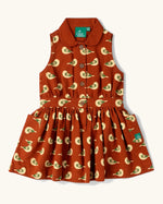 Little Green Radicals child's red repeated spring birds print collared pinafore button dress. 