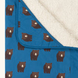 Close up of the hood on the Little Green Radicals bears organic sherpa hooded baby blanket. Blue hooded blanket with brown bears print. 