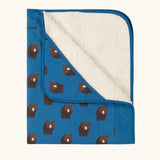 Little Green Radicals bears organic sherpa hooded baby blanket. Blue hooded blanket with brown bears print. 