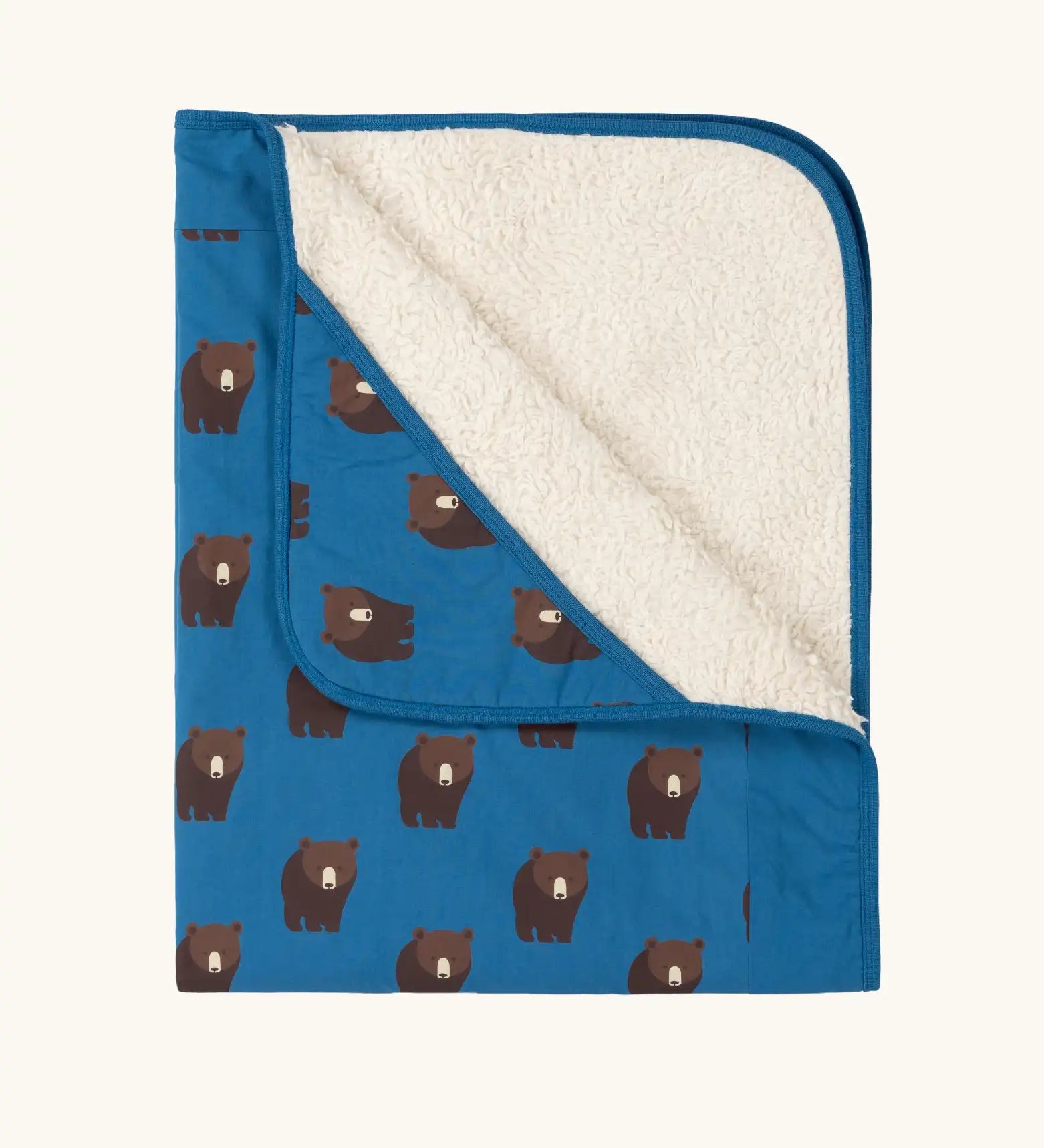Little Green Radicals bears organic sherpa hooded baby blanket. Blue hooded blanket with brown bears print. 