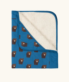Little Green Radicals bears organic sherpa hooded baby blanket. Blue hooded blanket with brown bears print. 