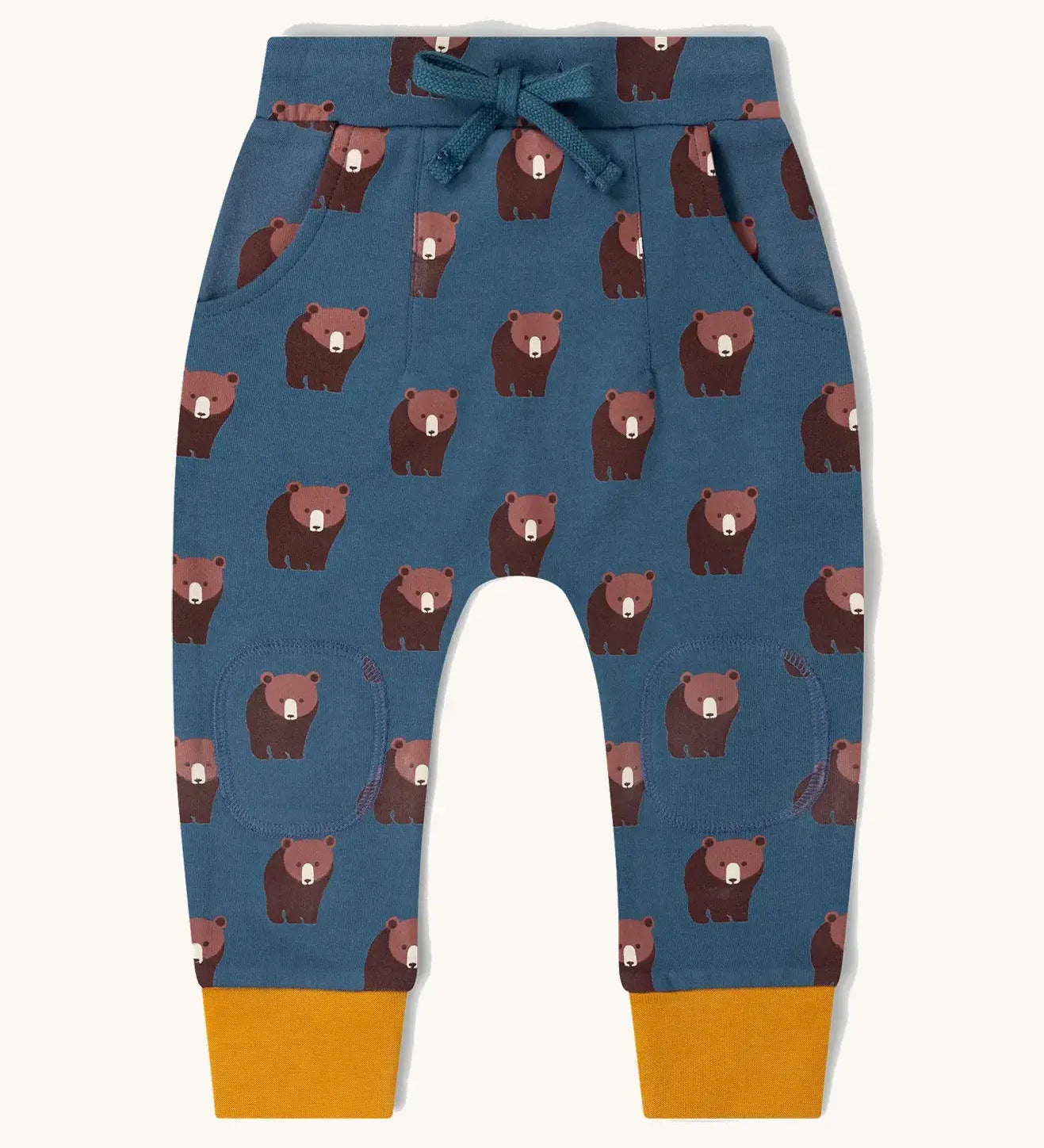 Little Green Radicals blue bears organic cotton comfy joggers with yellow leg cuffs.