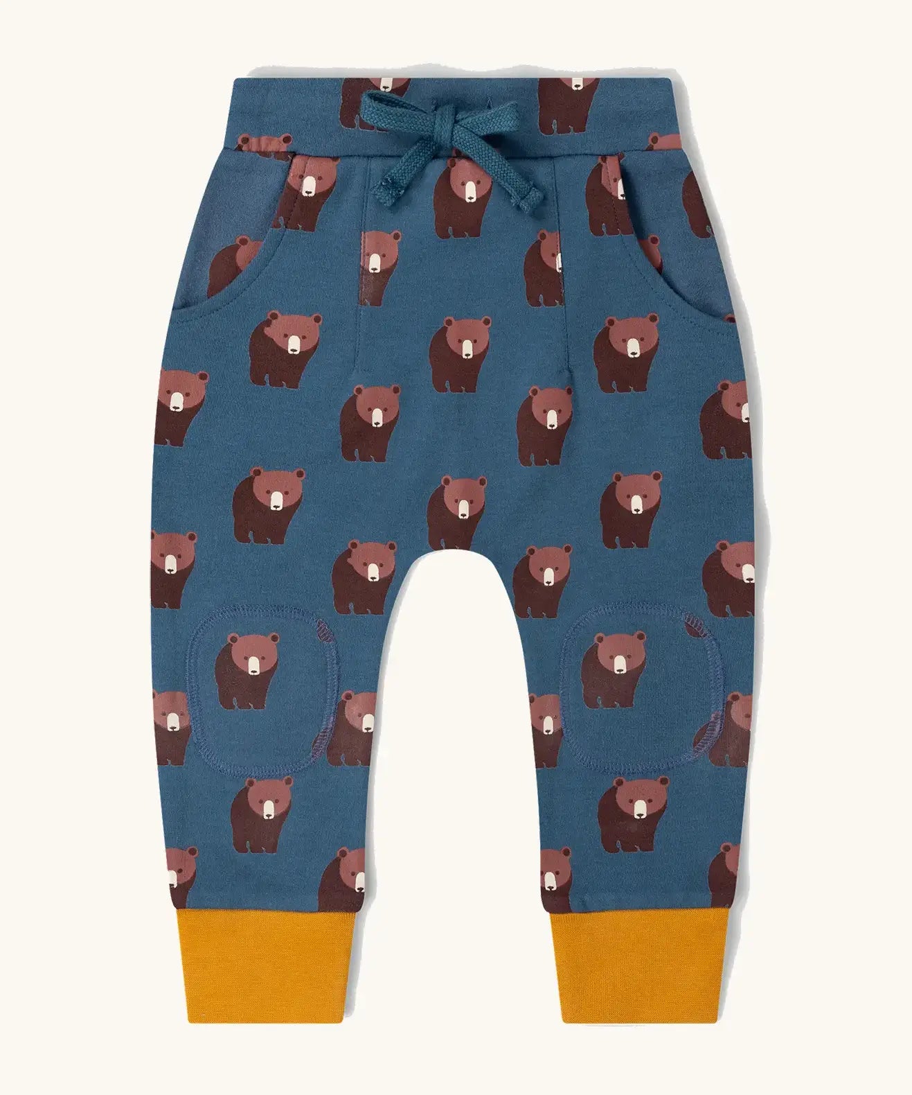 Little Green Radicals blue bears organic cotton comfy joggers with yellow leg cuffs.