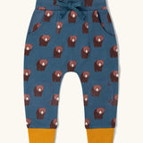 Little Green Radicals blue bears organic cotton comfy joggers with yellow leg cuffs.