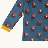 Close up of Little Green Radicals blue bears organic cotton long sleeve children's top.