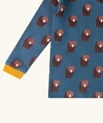 Close up of Little Green Radicals blue bears organic cotton long sleeve children's top.