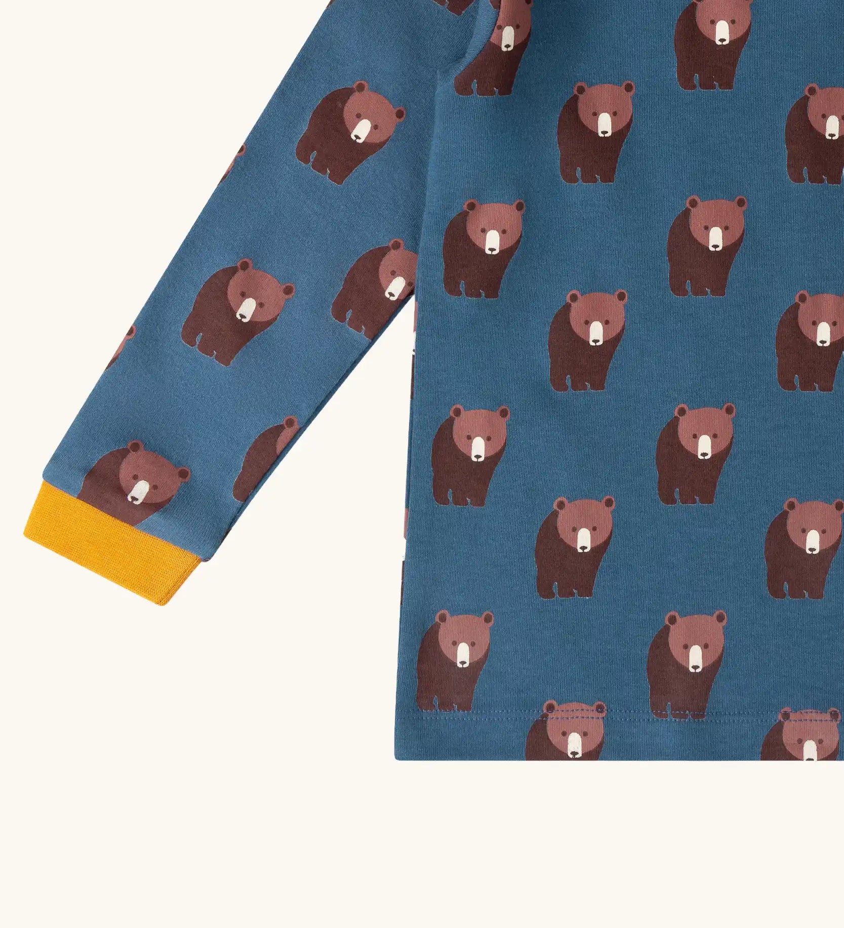 Close up of Little Green Radicals blue bears organic cotton long sleeve children's top.