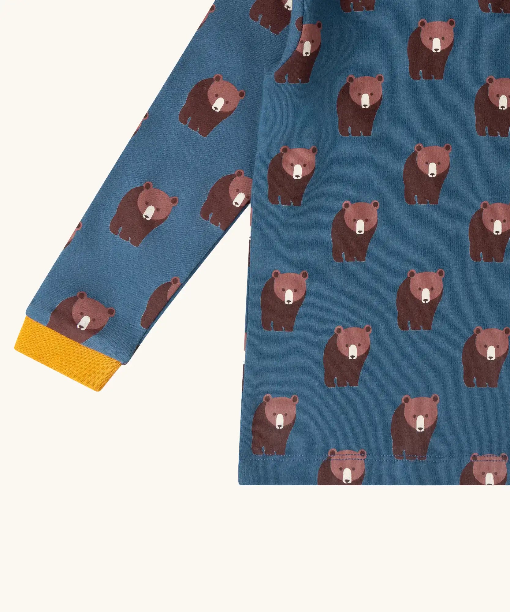 Close up of Little Green Radicals blue bears organic cotton long sleeve children's top.