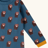 Close up of Little Green Radicals blue bears organic cotton long sleeve children's top.