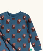 Close up of the Little Green Radicals blue bears organic cotton children's pyjamas. Blue background with an all over repeat brown bear print.