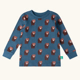 Top from the Little Green Radicals blue bears organic cotton children's pyjamas. Blue background with an all over repeat brown bear print.