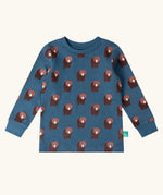 Top from the Little Green Radicals blue bears organic cotton children's pyjamas. Blue background with an all over repeat brown bear print.