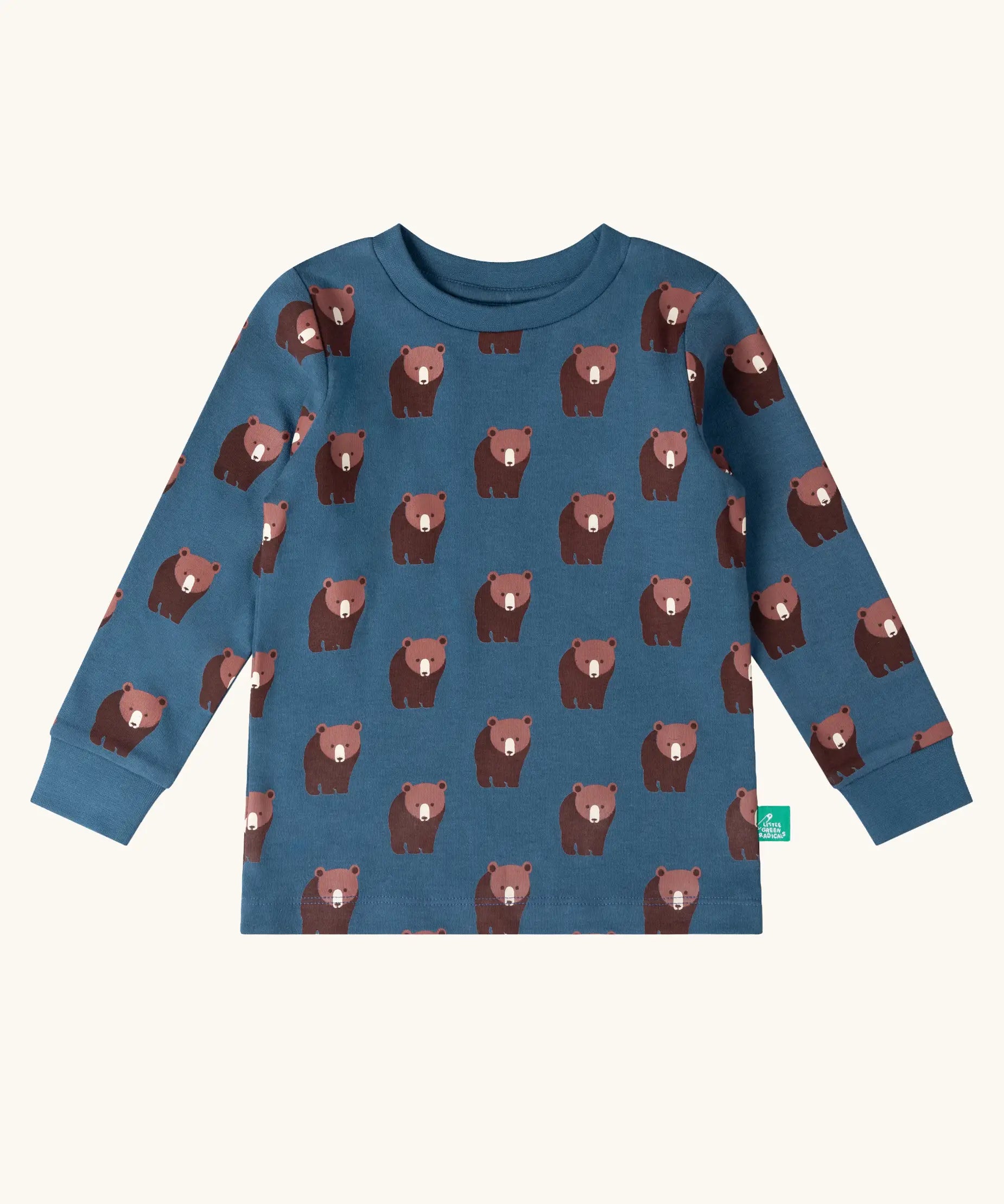 Top from the Little Green Radicals blue bears organic cotton children's pyjamas. Blue background with an all over repeat brown bear print.