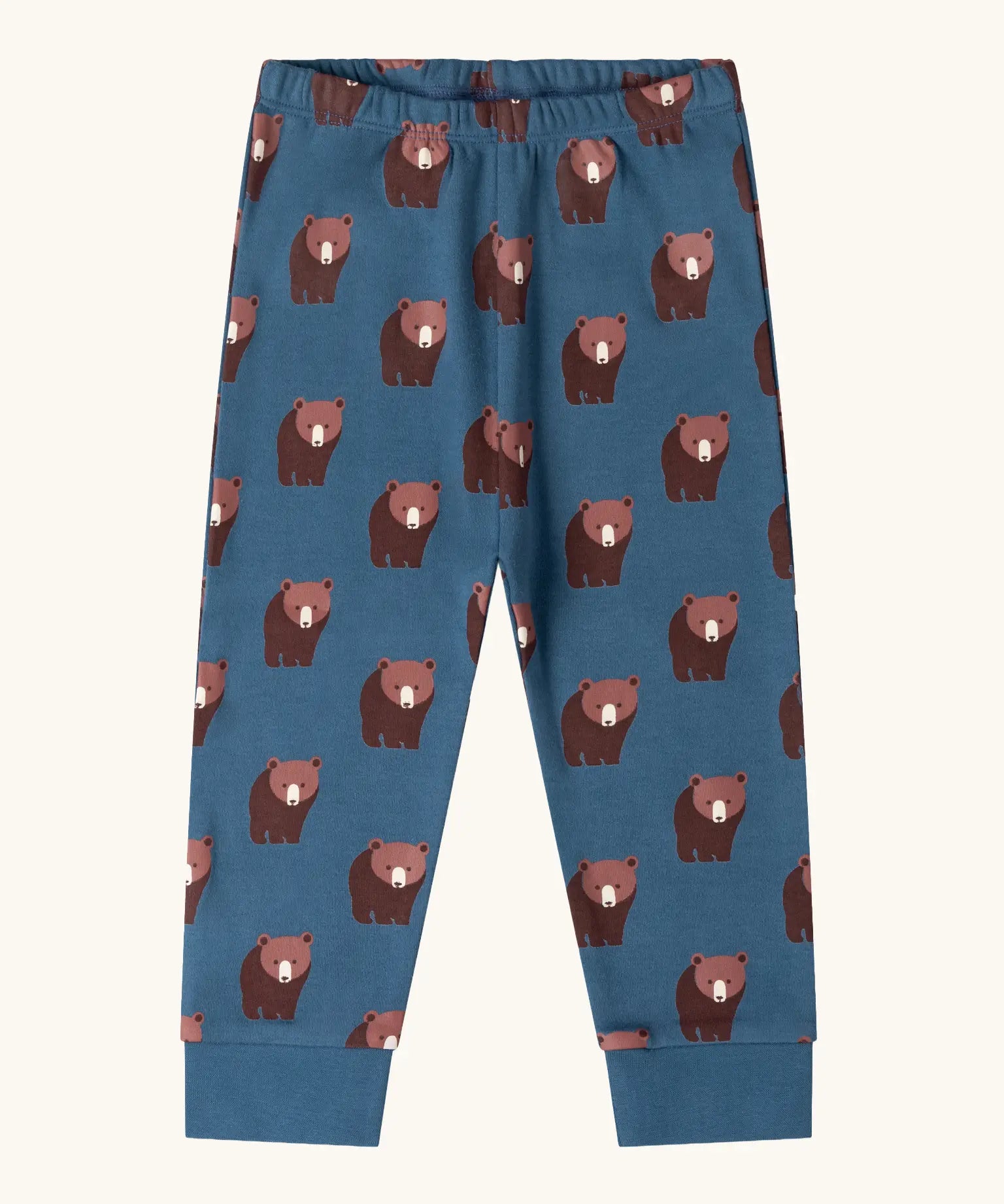 Trousers from the Little Green Radicals blue bears organic cotton children's pyjamas. Blue background with an all over repeat brown bear print.