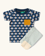 Little Green Radicals little fish organic cotton t-shirt and jogger playset. A navy top with repeat fish print and a yellow chest pocket with blue and cream striped joggers.