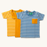 Little Green Radicals Organic T-Shirt Set, 3 kids t-shirts made form Fairtrade organic cotton with a contrasting patch pocket. One has blue and white stripes, one plain yellow and one yellow and white stripes.