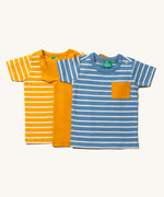 Little Green Radicals Organic T-Shirt Set, 3 kids t-shirts made form Fairtrade organic cotton with a contrasting patch pocket. One has blue and white stripes, one plain yellow and one yellow and white stripes.