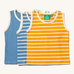Little Green Radicals Organic Cotton sleeveless Vest Set in a 3 pack. One  has yellow and cream stripes, one  has blue and cream stripes and one is plain blue.