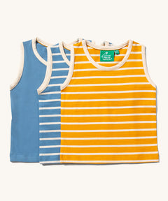 Little Green Radicals Organic Cotton sleeveless Vest Set in a 3 pack. One  has yellow and cream stripes, one  has blue and cream stripes and one is plain blue.
